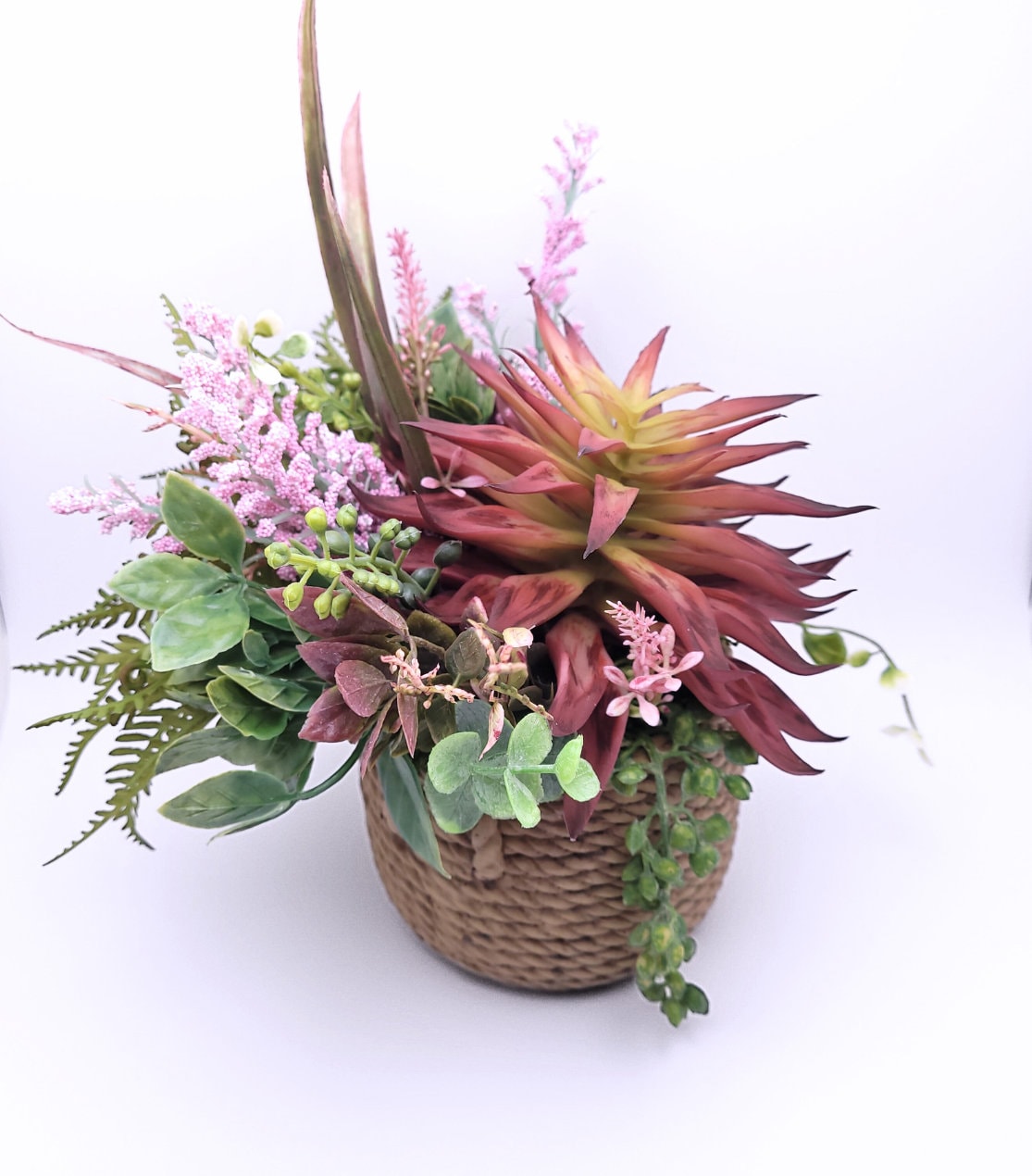 Bountiful Beauty: Faux Succulent Arrangement with Magnificent Star Succulent in Ceramic Basket Pot | Stunning Home Decor Accent | Desk Plant