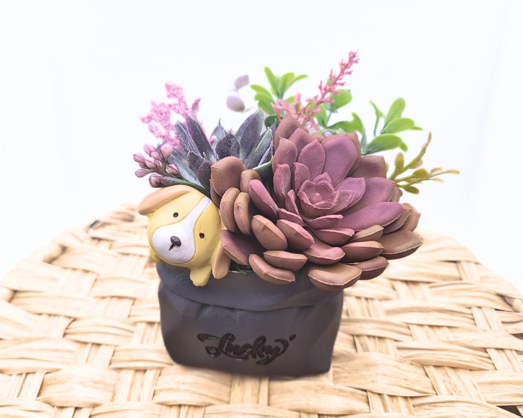 Lucky Paws: Faux Succulent Arrangement in a Charming Dog Planter | Cute Animal Ceramic Pot | Artificial Succulent Decor | Decorative Plant