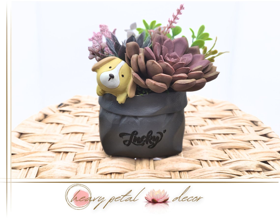 Lucky Paws: Faux Succulent Arrangement in a Charming Dog Planter | Cute Animal Ceramic Pot | Artificial Succulent Decor | Decorative Plant