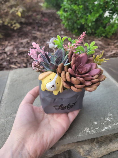 Lucky Paws: Faux Succulent Arrangement in a Charming Dog Planter | Cute Animal Ceramic Pot | Artificial Succulent Decor | Decorative Plant