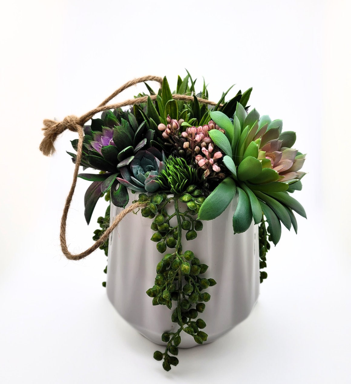 Colorful Cascades: Faux Succulent Arrangement in a Hanging White Ceramic Pot | Decorative Plant | Artificial Succulent Home Decor