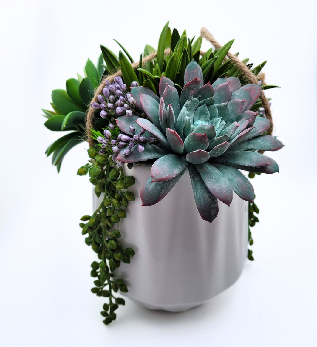 Colorful Cascades: Faux Succulent Arrangement in a Hanging White Ceramic Pot | Decorative Plant | Artificial Succulent Home Decor