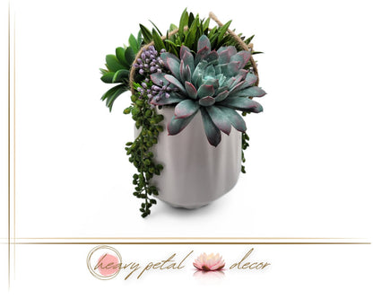 Colorful Cascades: Faux Succulent Arrangement in a Hanging White Ceramic Pot | Decorative Plant | Artificial Succulent Home Decor