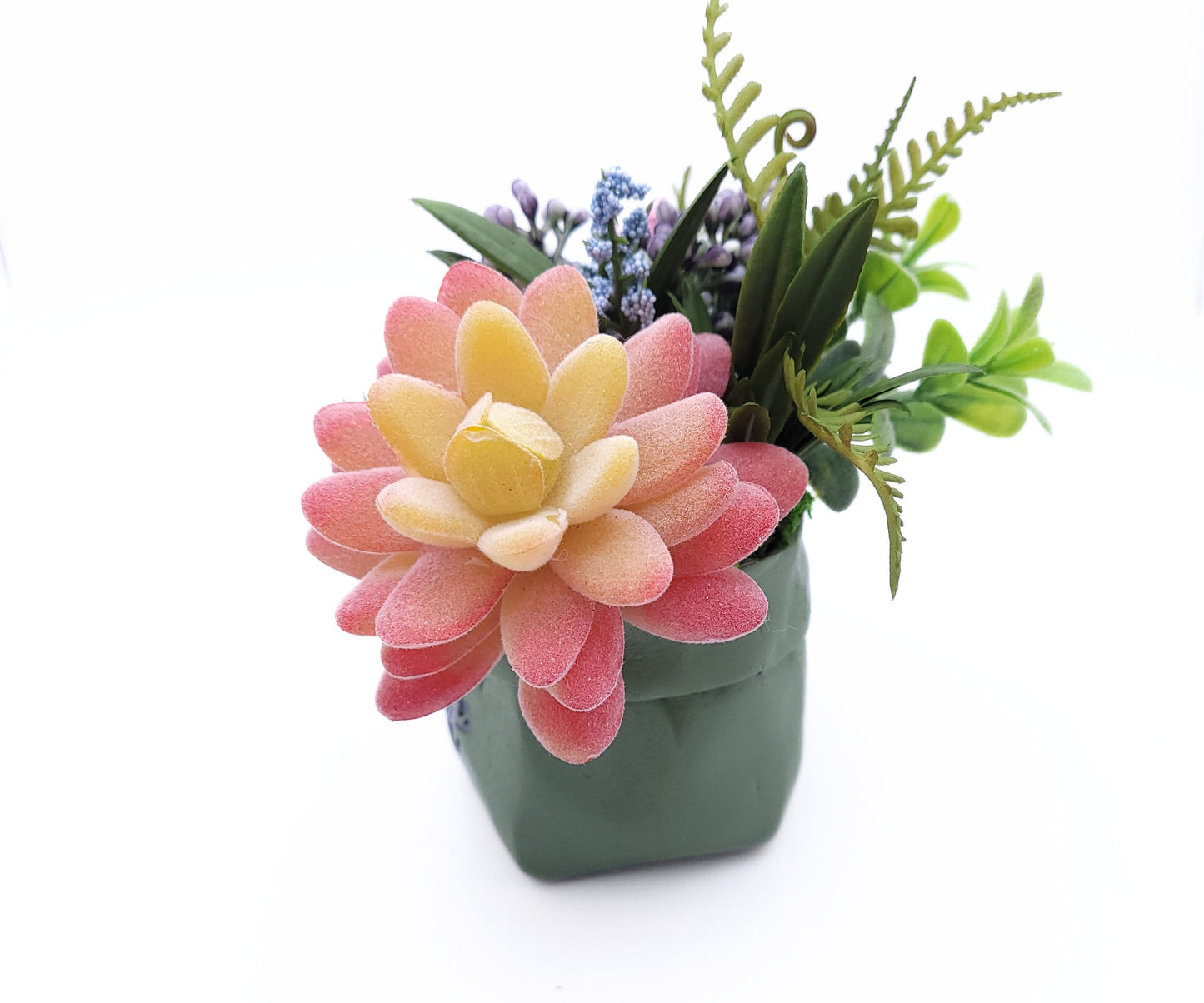 Purrrfectly Potted: Faux Succulent Arrangement | Cute Animal Cat Planter | Artificial Succulent Decor in Green Ceramic Pot | Desk Plant