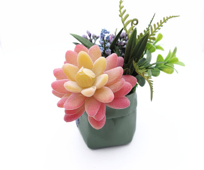 Purrrfectly Potted: Faux Succulent Arrangement | Cute Animal Cat Planter | Artificial Succulent Decor in Green Ceramic Pot | Desk Plant