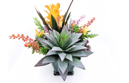 Sunny Delight: Vibrant Faux Succulent Arrangement in Blue/Green Ceramic Pot 9" | Artificial Succulent Decor | Desk Decoration | Centerpiece