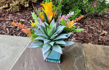 Sunny Delight: Vibrant Faux Succulent Arrangement in Blue/Green Ceramic Pot 9" | Artificial Succulent Decor | Desk Decoration | Centerpiece