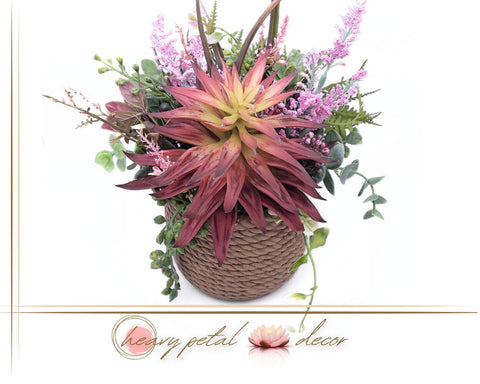 Bountiful Beauty: Faux Succulent Arrangement with Magnificent Star Succulent in Ceramic Basket Pot | Stunning Home Decor Accent | Desk Plant