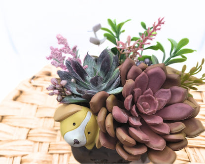 Lucky Paws: Faux Succulent Arrangement in a Charming Dog Planter | Cute Animal Ceramic Pot | Artificial Succulent Decor | Decorative Plant