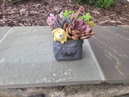 Lucky Paws: Faux Succulent Arrangement in a Charming Dog Planter | Cute Animal Ceramic Pot | Artificial Succulent Decor | Decorative Plant