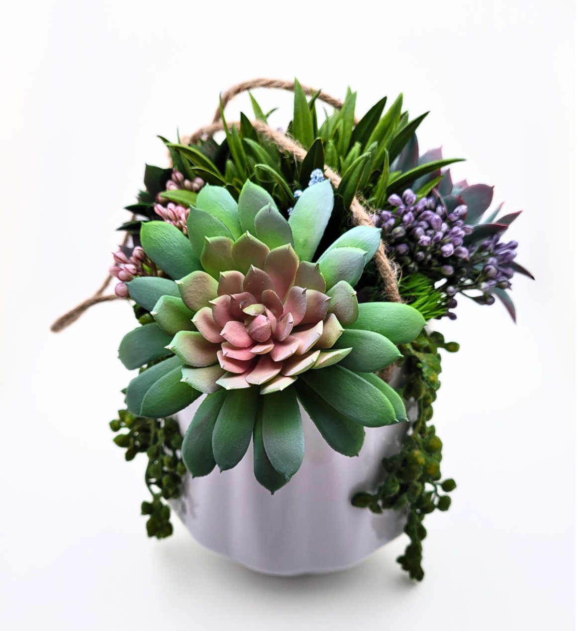 Colorful Cascades: Faux Succulent Arrangement in a Hanging White Ceramic Pot | Decorative Plant | Artificial Succulent Home Decor