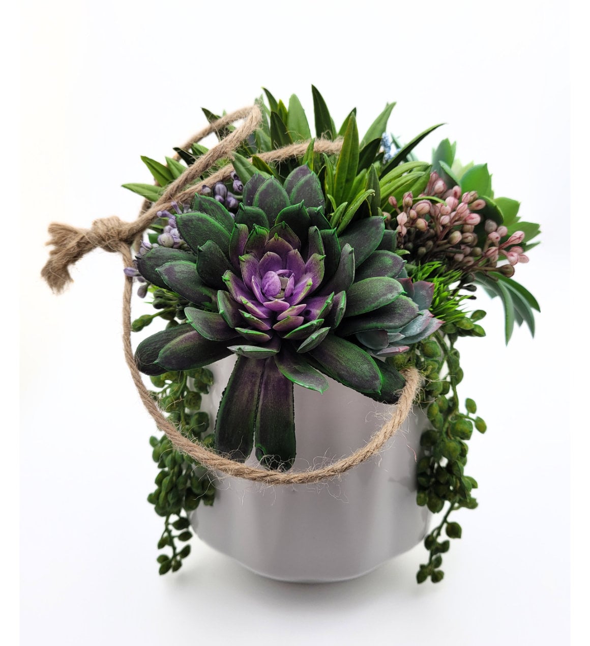 Colorful Cascades: Faux Succulent Arrangement in a Hanging White Ceramic Pot | Decorative Plant | Artificial Succulent Home Decor