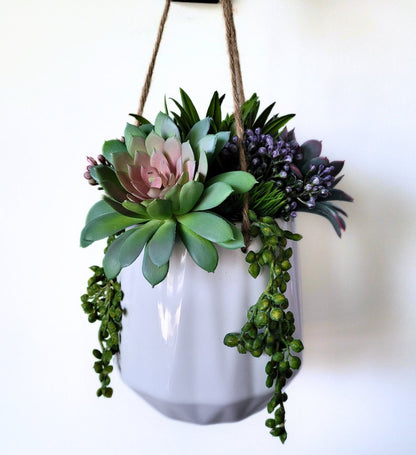 Colorful Cascades: Faux Succulent Arrangement in a Hanging White Ceramic Pot | Decorative Plant | Artificial Succulent Home Decor