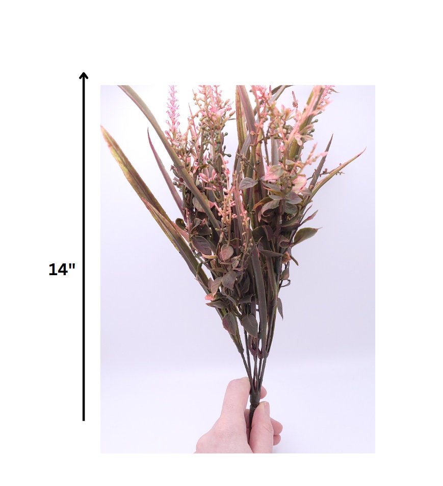 Mixed Greenery & Astilbe/Thistle Bush/Spray/Stems 14" - Green/Pink | Floral Arrangement Filler | Artificial Greenery Bush