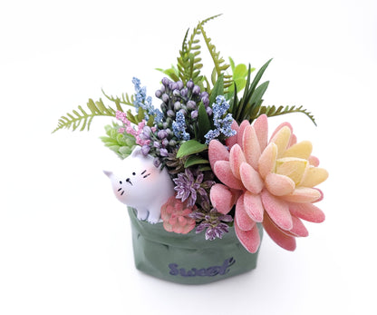 Purrrfectly Potted: Faux Succulent Arrangement | Cute Animal Cat Planter | Artificial Succulent Decor in Green Ceramic Pot | Desk Plant