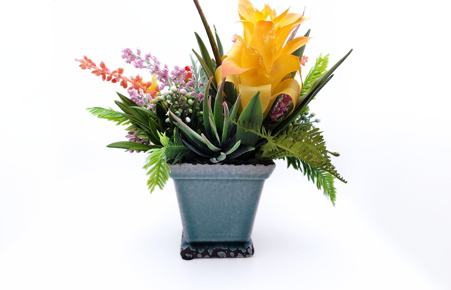 Sunny Delight: Vibrant Faux Succulent Arrangement in Blue/Green Ceramic Pot 9" | Artificial Succulent Decor | Desk Decoration | Centerpiece