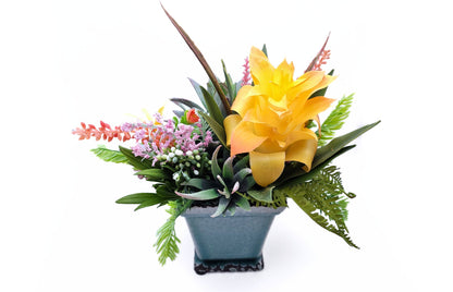 Sunny Delight: Vibrant Faux Succulent Arrangement in Blue/Green Ceramic Pot 9" | Artificial Succulent Decor | Desk Decoration | Centerpiece