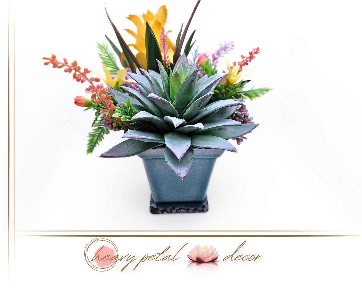 Sunny Delight: Vibrant Faux Succulent Arrangement in Blue/Green Ceramic Pot 9" | Artificial Succulent Decor | Desk Decoration | Centerpiece