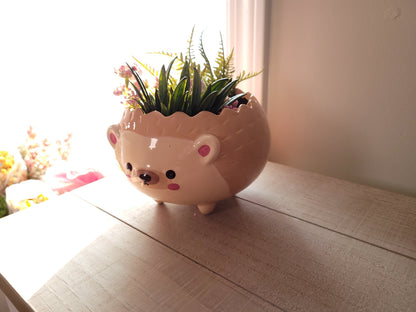 Hedgehog Planter with Drainage Hole | Brown Ceramic Succulent Planter Pot | Cute Animal Planter | Housewarming Gift | Planter only