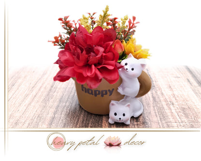 Faux Floral Arrangement in Cat Planter | Cute Animal Planter Pot | Mini Flower Arrangement | Cute Home Decor | Gift For Her | Desk Decor