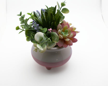 Faux Succulent Arrangement in Pink and White Ceramic Planter Pot | Housewarming Decor | Desk Windowsill Decor | Fake Succulent Decor