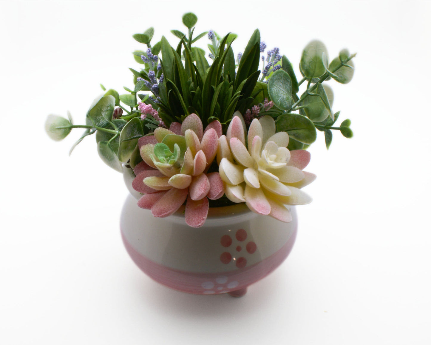 Faux Succulent Arrangement in Pink and White Ceramic Planter Pot | Housewarming Decor | Desk Windowsill Decor | Fake Succulent Decor