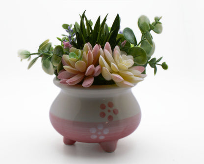 Faux Succulent Arrangement in Pink and White Ceramic Planter Pot | Housewarming Decor | Desk Windowsill Decor | Fake Succulent Decor