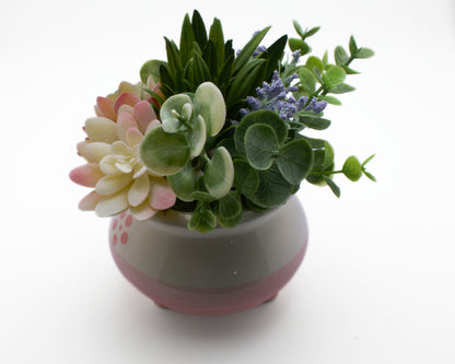 Faux Succulent Arrangement in Pink and White Ceramic Planter Pot | Housewarming Decor | Desk Windowsill Decor | Fake Succulent Decor