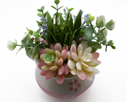 Faux Succulent Arrangement in Pink and White Ceramic Planter Pot | Housewarming Decor | Desk Windowsill Decor | Fake Succulent Decor